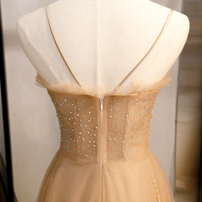 Champagne Sequins Tulle Straps Long Evening Dress Party Dress, Sweetheart Prom Dress  gh25