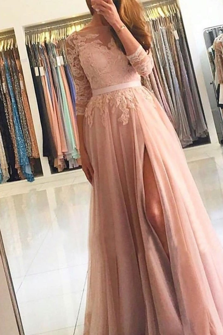 Long Sleeves A-Line Prom Dress Split With Lace gh747