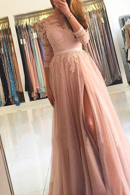 Long Sleeves A-Line Prom Dress Split With Lace gh747