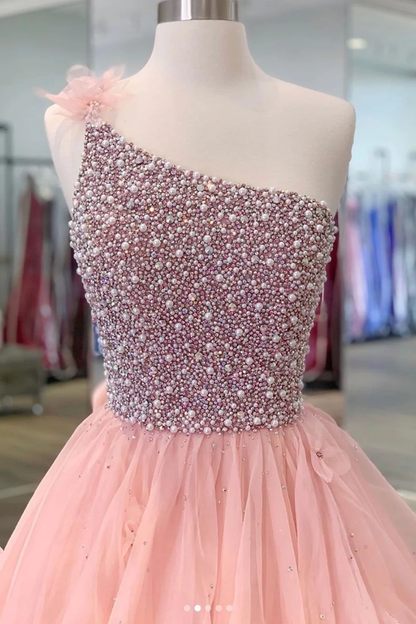 Gorgeous One Shoulder Beaded Pink Long Prom Dresses, Fluffy Pink Formal Evening Dresses, Beaded Ball Gown  gh920