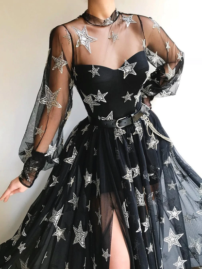 Black High Neck Sparkly Long Sleeve Unique Prom Dress Gorgeous Evening Gowns  gh871
