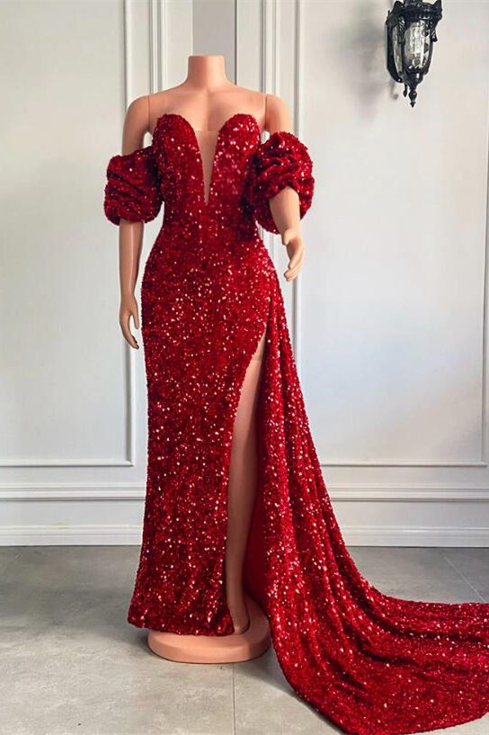 Sweetheart Bubble Sleeves Mermaid Prom Dress With Split  gh790