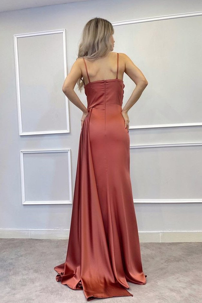 Spaghetti-Straps Beadings Long Mermaid Prom Dress Split With Ruffles  gh758