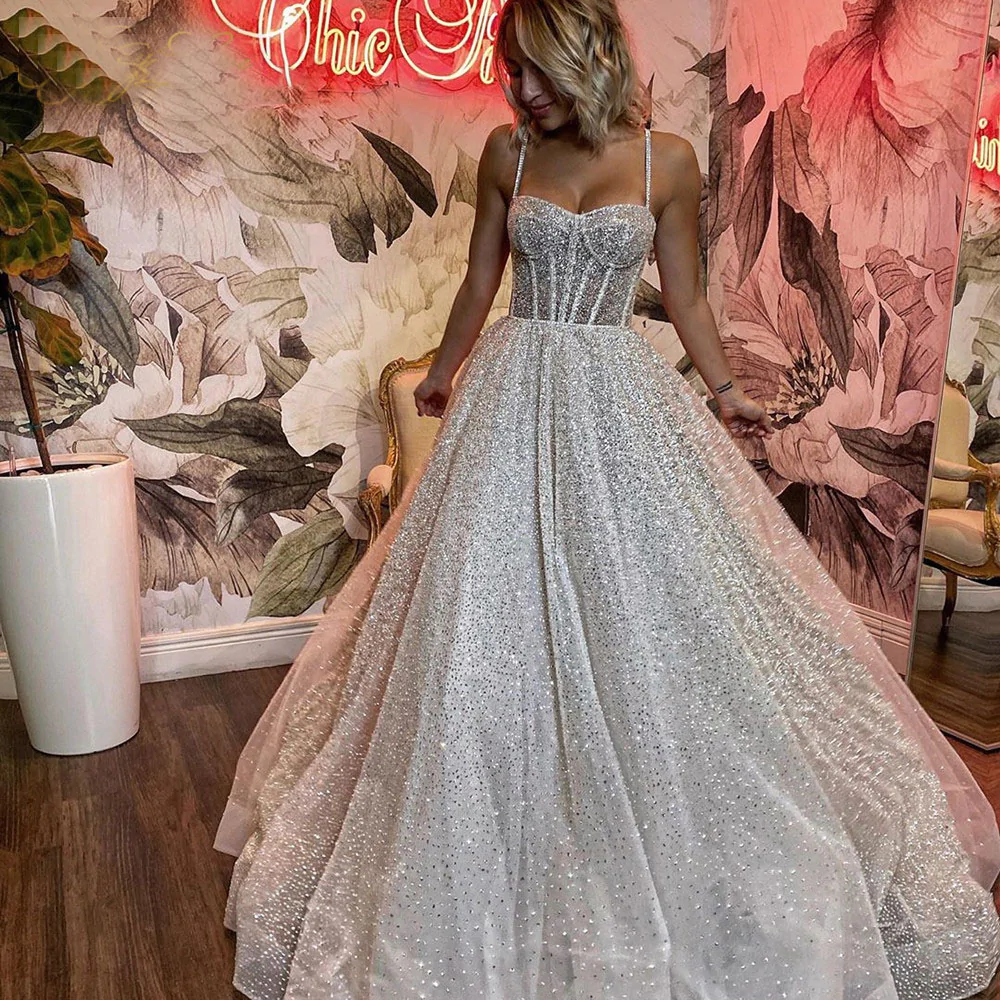 Glitter Wedding Dress A Line Shiny Tulle Straps Beaded Long Tail Bride Gowns  gh934