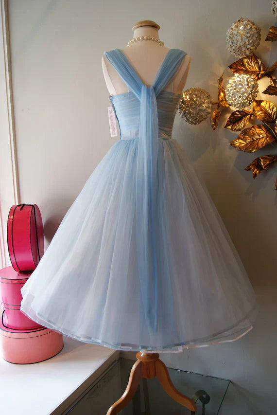 Retro Light Blue Tulle Design A-line Chiffon Party Dress Homecoming Dress Prom Dress Bridesmaid Dress TP4130