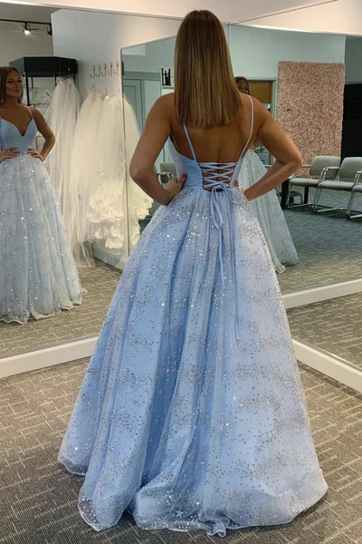 A-Line Tulle V-Neck Long Prom Dress With Sequins, Evening Dress gh1179