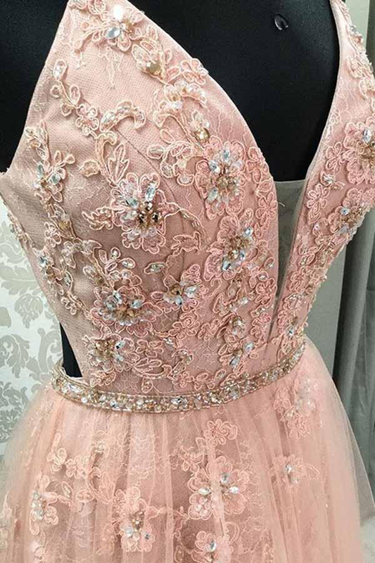 A-Line V Neck Spaghetti Straps Open Back Blush Lace Appliques Long Prom Dresses gh1018