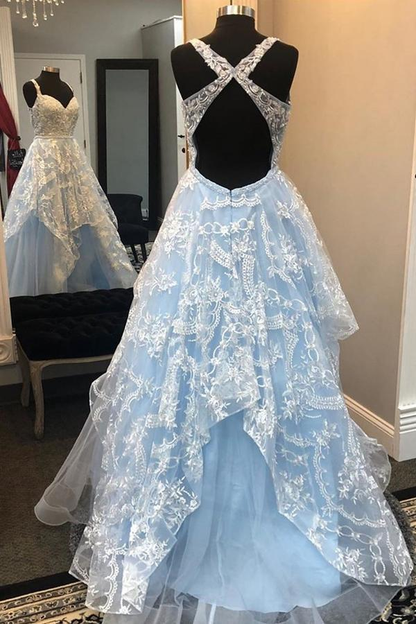 Elegant A Line Blue Open Back Appliques Prom Dress, Long Evening Party Dress gh1183