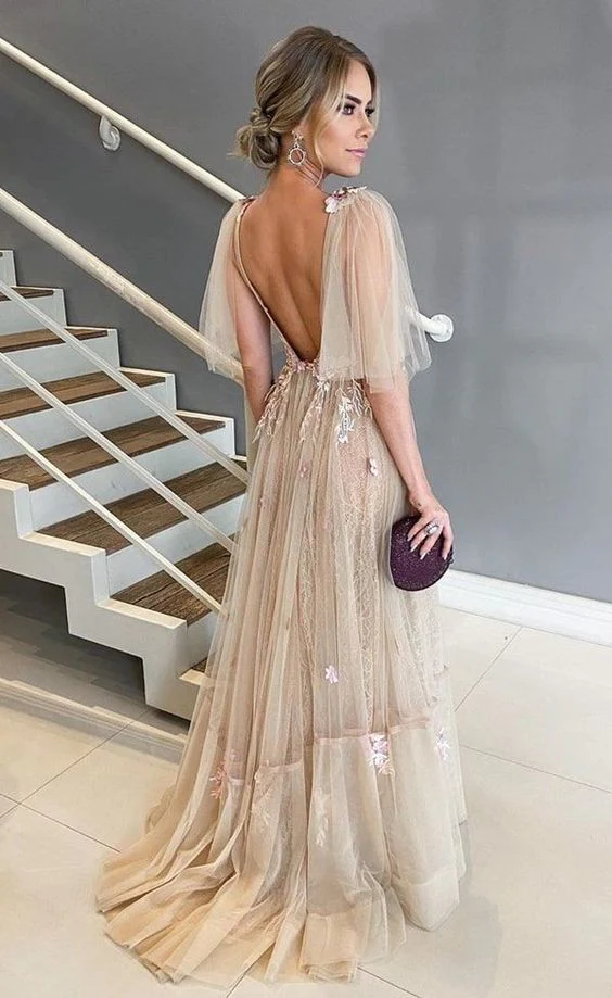 A-Line V-Neck Long Prom Dress with appliques gh1105