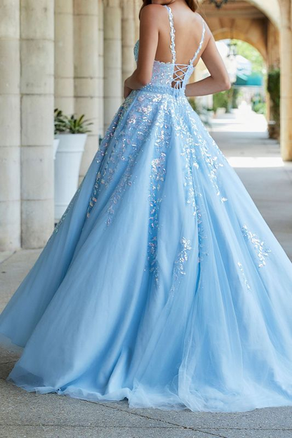 Elegant Glitter Floral Lace Spaghetti Straps Floor-Length Prom Dress gh1119