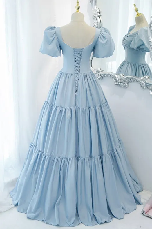 Light Blue A-line Long Formal Dress with Short Sleeves gh1145