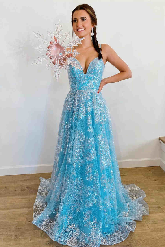 Princess Blue Straps A-Line Long Prom Gown gh1136