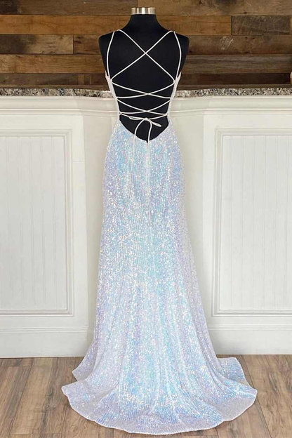 Silver Sequin V-Neck Empire Mermaid Long Prom Dress  gh1123