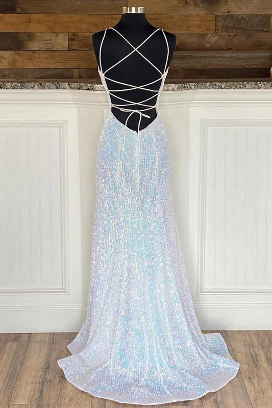 Silver Sequin V-Neck Empire Mermaid Long Prom Dress  gh1123