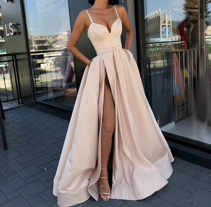 A Line Evening Dress with High Slit Satin Royal Blue Spaghetti Straps Sweetheart Long Evening Gowngh1097