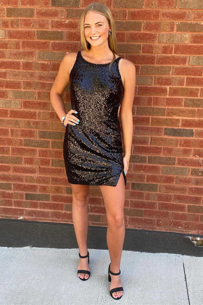 Black luxury gorgeous shiny unique fashion round neck backless butterfly beading short mini sequin evening dress cocktail party dress gh1350