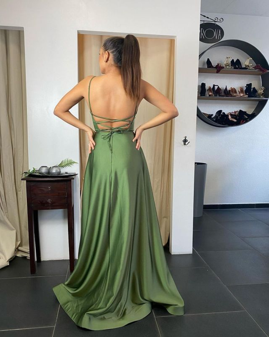 Sexy Spaghetti Straps Satin Ruffles Slit Prom Dress gh1059