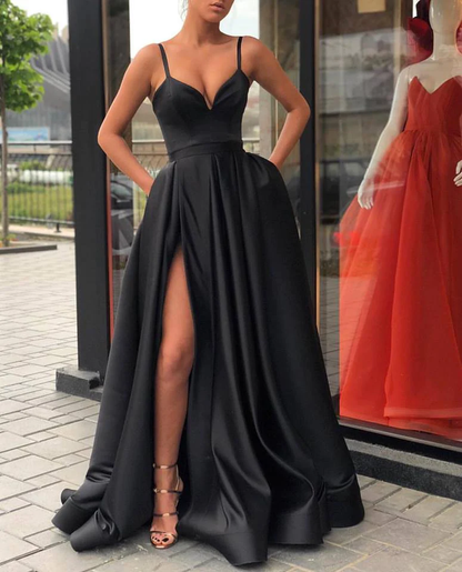 A Line Evening Dress with High Slit Satin Royal Blue Spaghetti Straps Sweetheart Long Evening Gowngh1097