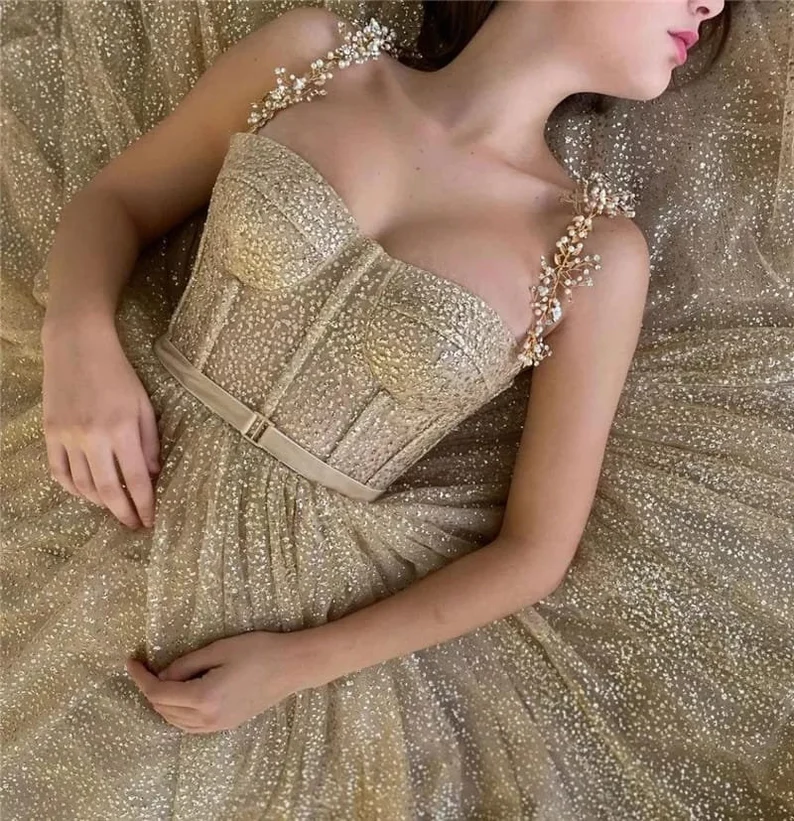 Gold sequin tulle corset fairy starlight gown long ball gown evening dress gh1047