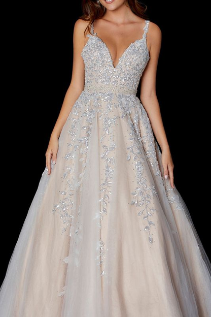 Elegant Glitter Floral Lace Spaghetti Straps Floor-Length Prom Dress gh1119