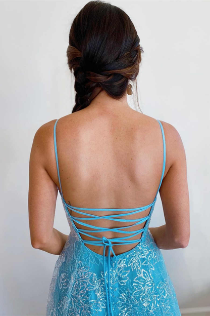 Princess Blue Straps A-Line Long Prom Gown gh1136