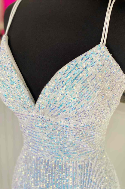 Silver Sequin V-Neck Empire Mermaid Long Prom Dress  gh1123