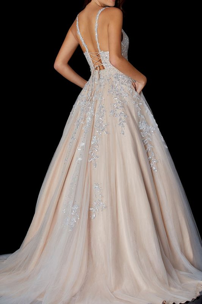 Elegant Glitter Floral Lace Spaghetti Straps Floor-Length Prom Dress gh1119