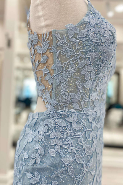 Light Blue Appliques Plunge V Backless Short Homecoming Dress gh1244