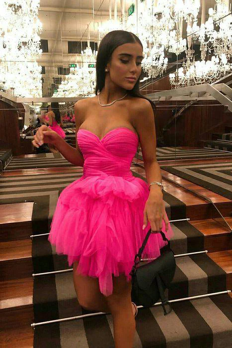 Vestido de fiesta sexy de tul rosa intenso con volantes y corte en A, vestido corto de graduación