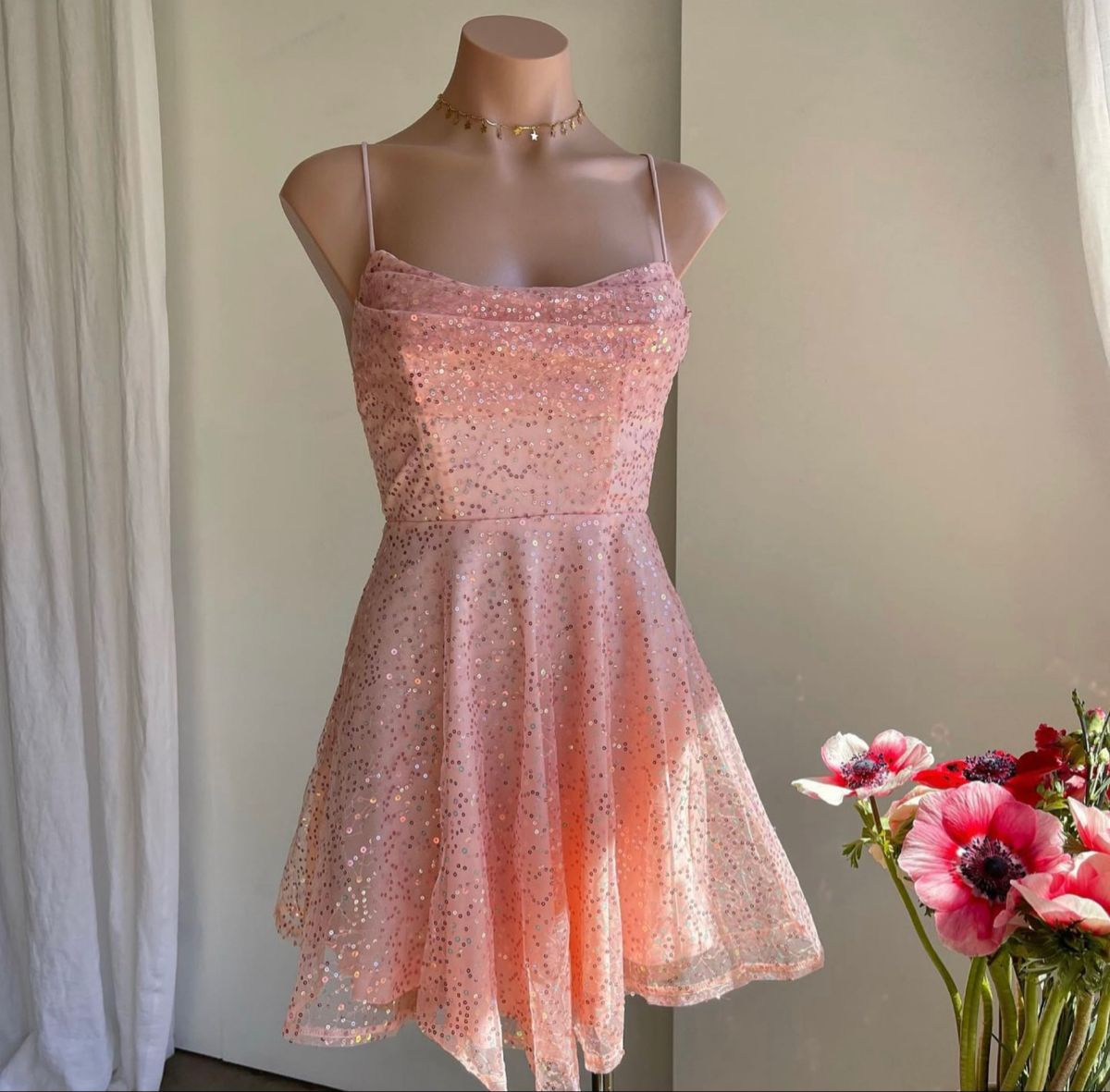 Rose Gold/Light Pink Sparkly Princess Dress Sequin Short Prom Dress Birthday Party Dress Homecoming Dress gh1748