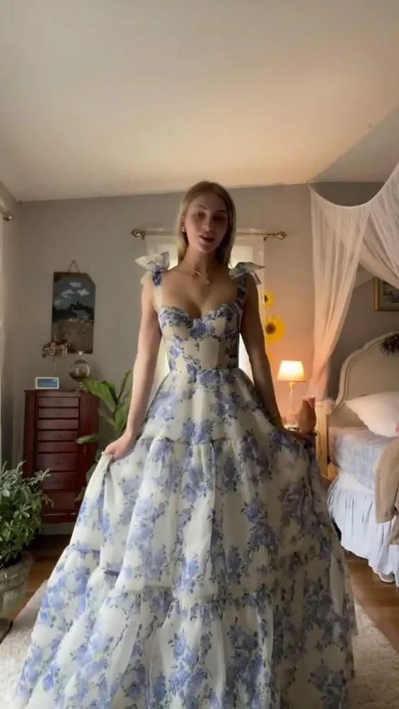 Blue white beautiful charming floral print sweetheart neckline A-line long chiffon ball gown evening dress wedding holiday party dress gh1790