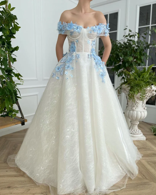 Elegant A Line Off The Shoulder Long Prom Dresses With Blue 3D Flower, Floor Length Evening Dresses gh1817