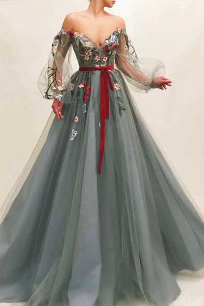 Gorgeous Off The Shoulder V Neck Tulle Long Sleeves Prom Dresses With Appliques  gh1835