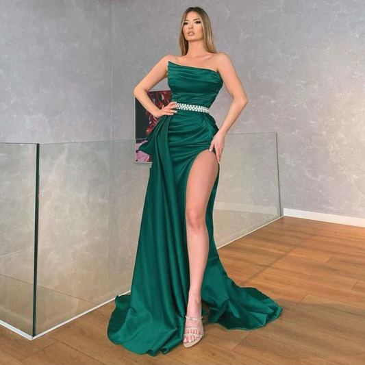 Sexy Satin Strapless Evening Dress Off Shoulder Women Prom Gown Sashes Beads Backless Sleeveless High Split  gh1901