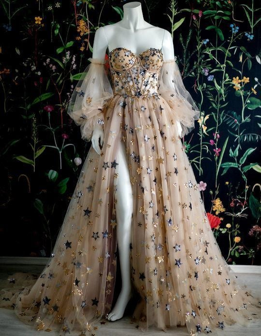 Off the shoulder long prom dress with start appliques gh1816
