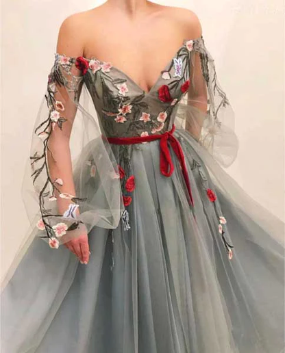 Gorgeous Off The Shoulder V Neck Tulle Long Sleeves Prom Dresses With Appliques  gh1835