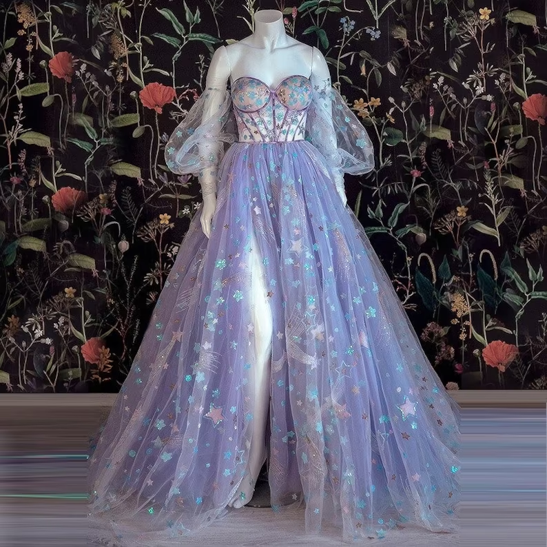 Light Purple Tulle Dress Floral Dress Off Shoulder Sweetheart Dress A-line Evening Dresses With Slit Start Applique Long Dress  gh1830