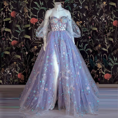 Light Purple Tulle Dress Floral Dress Off Shoulder Sweetheart Dress A-line Evening Dresses With Slit Start Applique Long Dress  gh1830