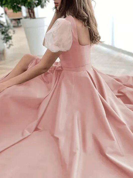 A-Line Elegant Vintage Engagement Prom Dress Scoop Neck Short Sleeve Sweep / Brush Train Satin with Pleats Split  gh1841