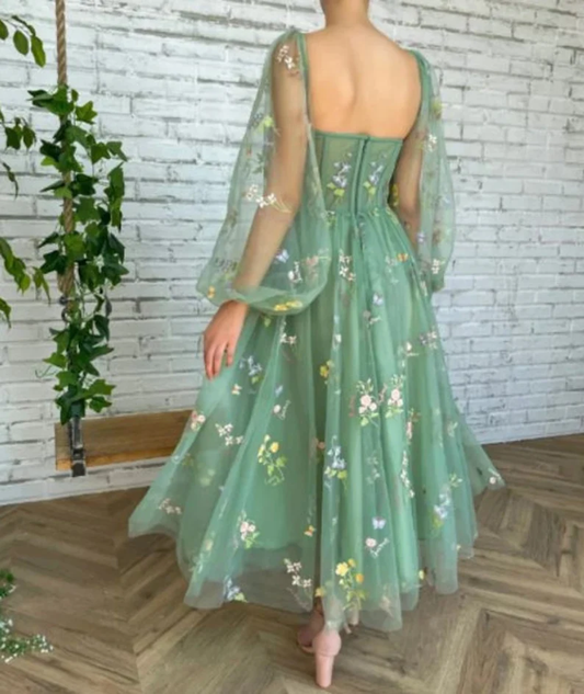 Long Sleeve Lace Green Puff Sleeve Dress Prom Green Tulle Prom /Sweetheart Neckline Dress/Long Sleeves Embroidered Prom Dress/Flower Dress  gh1826