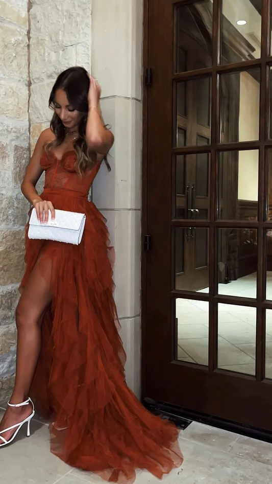 Rust Red Sweetheart High Low Tiered Formal Dress  gh1785