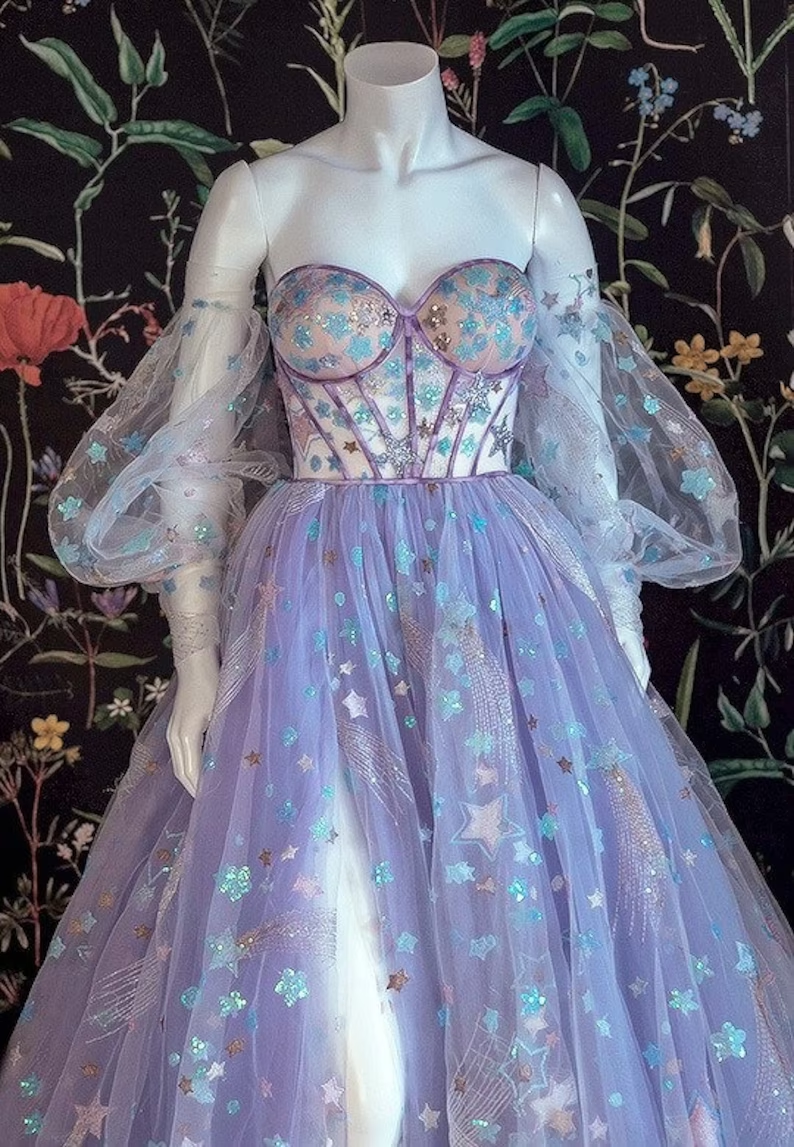 Light Purple Tulle Dress Floral Dress Off Shoulder Sweetheart Dress A-line Evening Dresses With Slit Start Applique Long Dress  gh1830