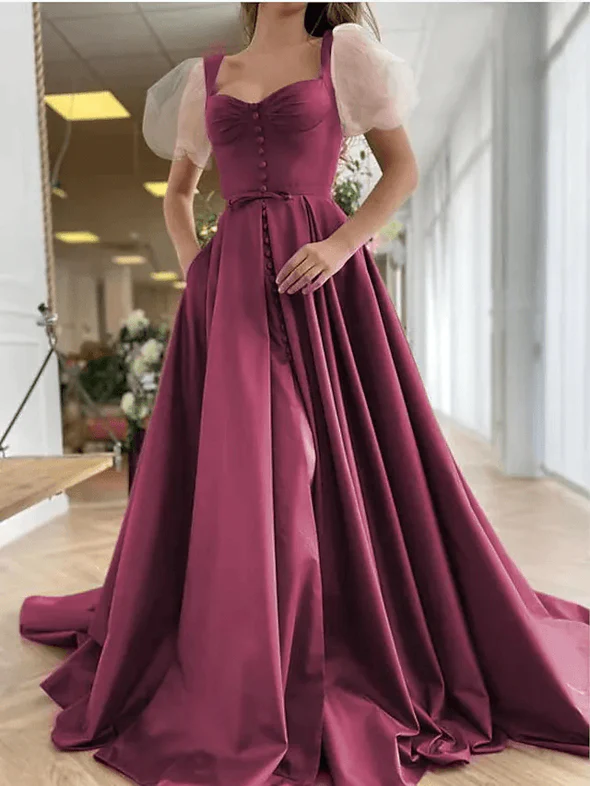 A-Line Elegant Vintage Engagement Prom Dress Scoop Neck Short Sleeve Sweep / Brush Train Satin with Pleats Split  gh1841