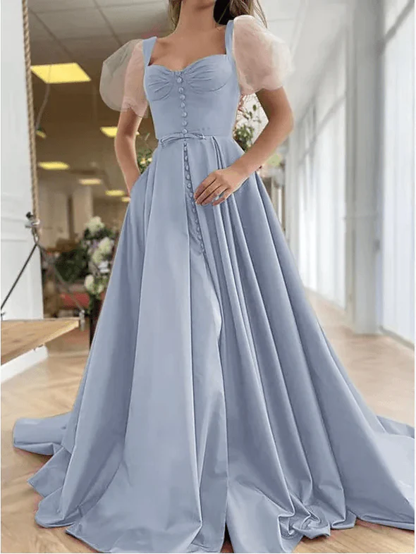 A-Line Elegant Vintage Engagement Prom Dress Scoop Neck Short Sleeve Sweep / Brush Train Satin with Pleats Split  gh1841