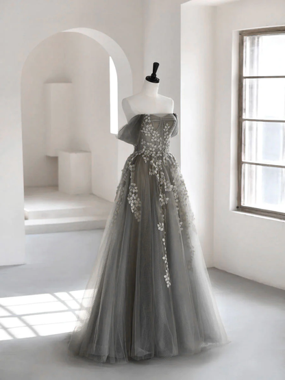 Gray Sweetheart Neck A line Lace Long Prom Dress, Gray Formal Dress gh2577