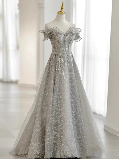 Gray Tulle Sequin Lace Off Shoulder Long Prom Dress, Gray Evening Dress gh2576