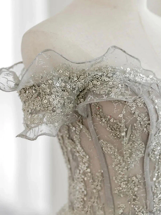 Gray Tulle Sequin Lace Off Shoulder Long Prom Dress, Gray Evening Dress gh2576