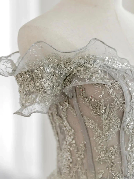 Gray Tulle Sequin Lace Off Shoulder Long Prom Dress, Gray Evening Dress gh2576