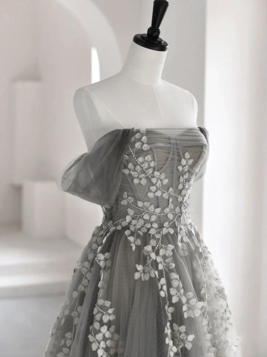 Gray Sweetheart Neck A line Lace Long Prom Dress, Gray Formal Dress gh2577
