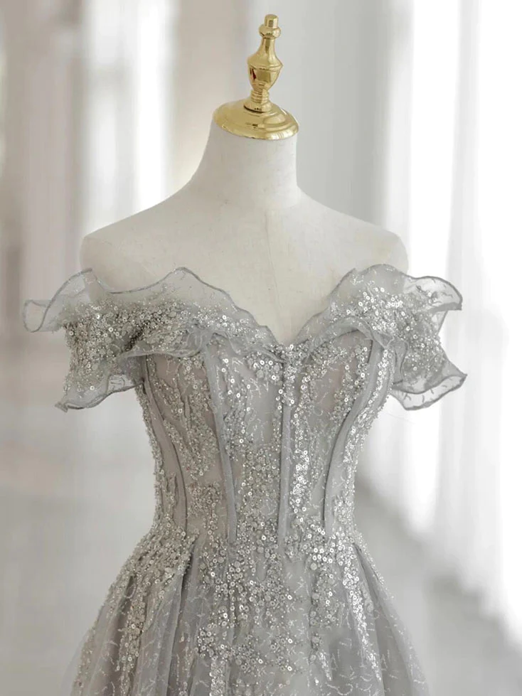 Gray Tulle Sequin Lace Off Shoulder Long Prom Dress, Gray Evening Dress gh2576